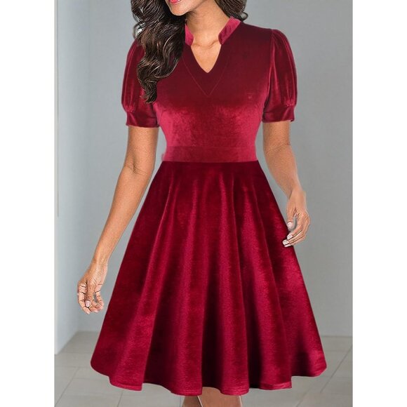 Women Red Velvet Short Puff Sleeve Flare Semi-Formal Summer Dress With Pockets - Picture 4 of 4